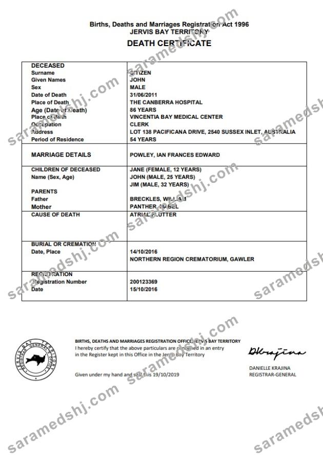 Australia Jervis Bay Territory death certificate template in Word format